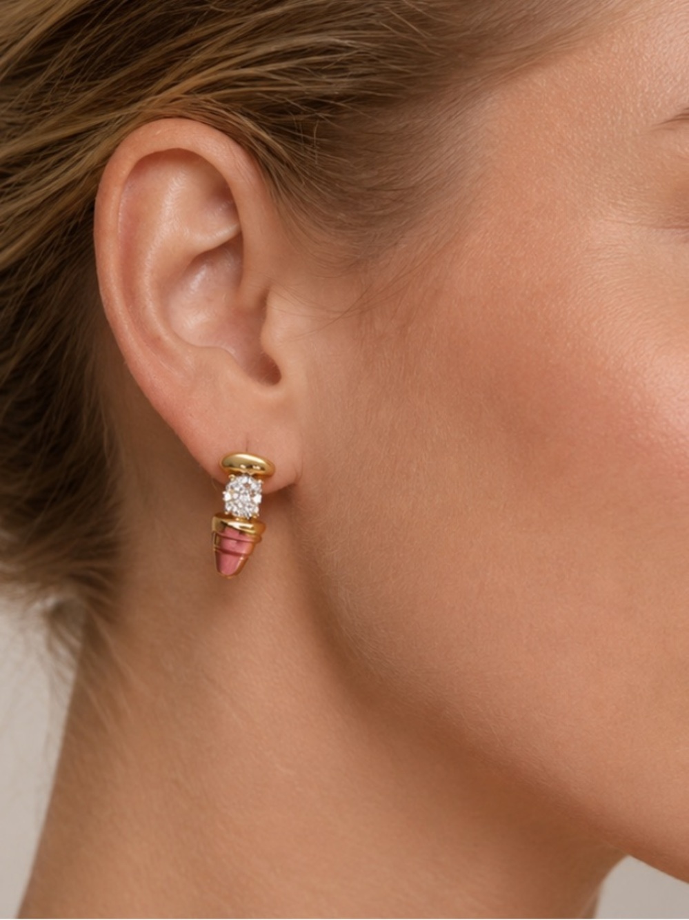 14K HGE Gold Tone Pink Crystal CZ Half Hoop Statement Earrings Vintage